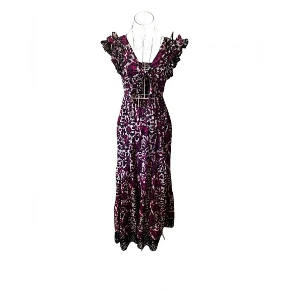 House Of Harlow 1960 Tiered Maxi Dress Tie Back Flutter Sleeve Purple Magenta XS - Picture 8 of 13
